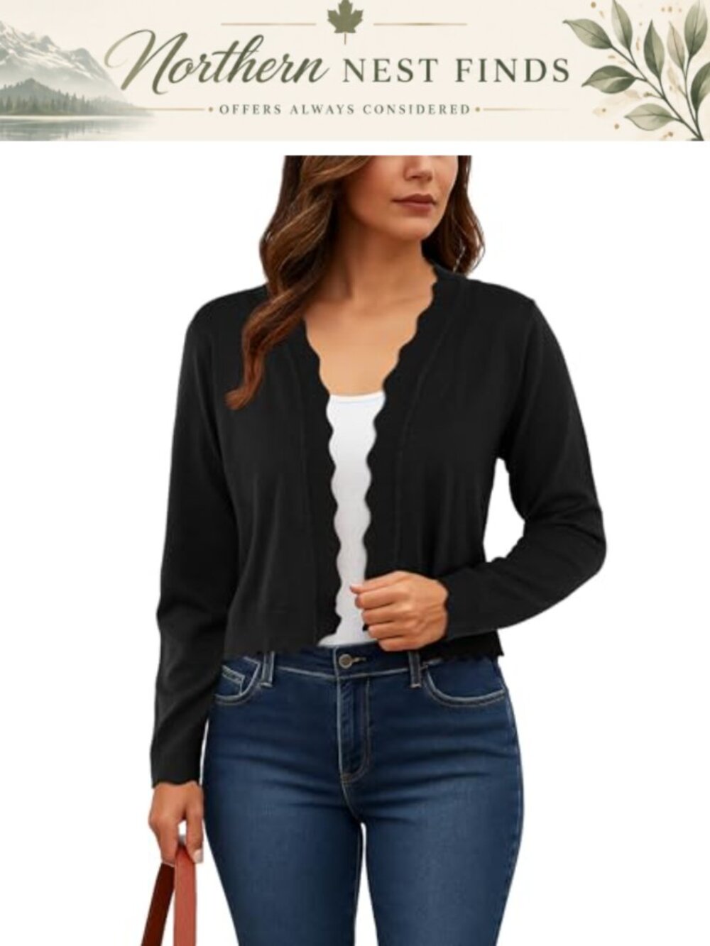 Women's Scalloped Edge Open Front Cropped Knit Cardigan Sweater Shrug